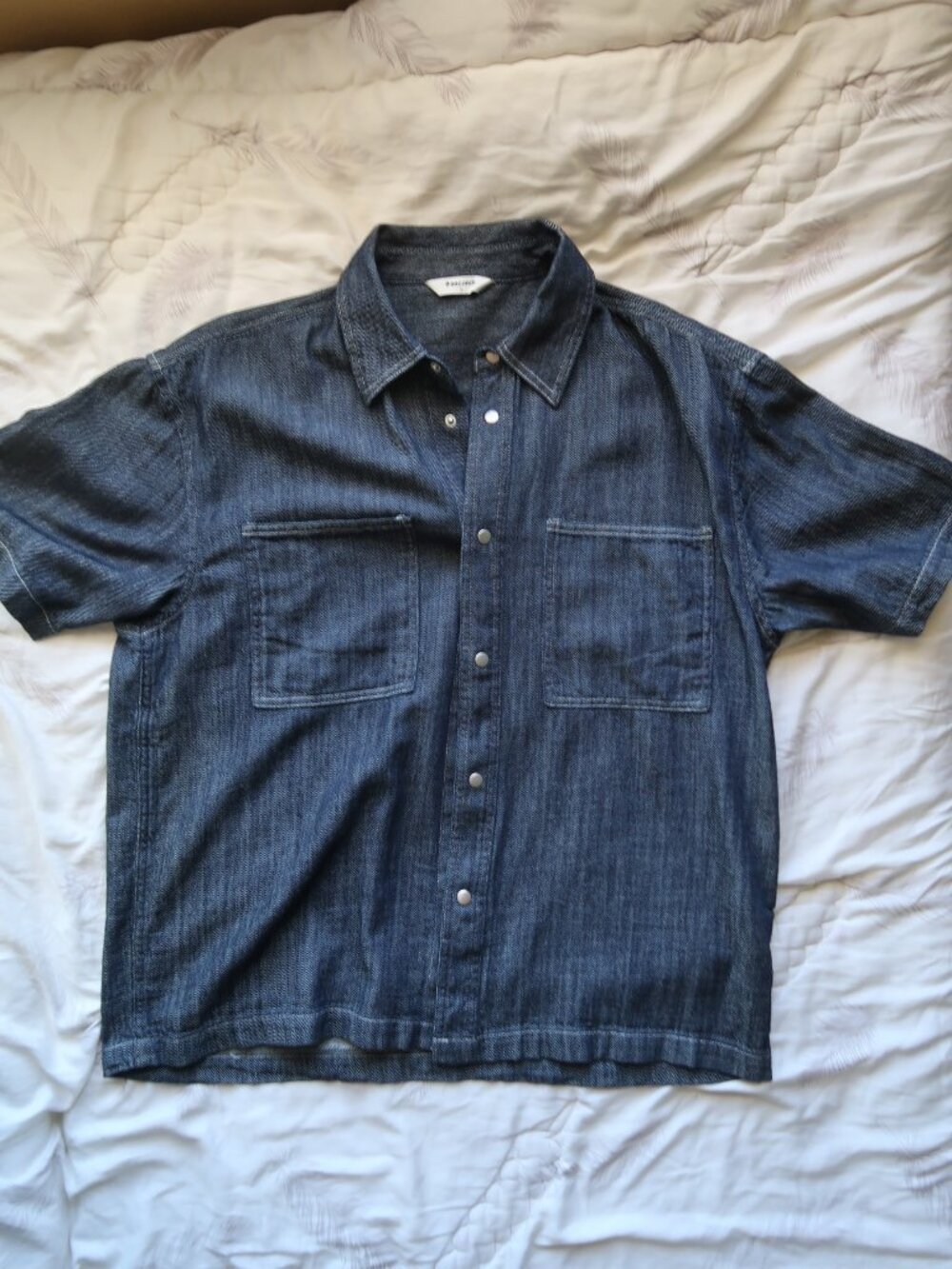 8 Seconds Denim Shirt Mens L Dark Indigo Short Sleeve Snap Button Boxy Korean